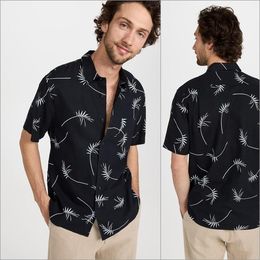 Vince Men's Willow Leaf Camp Shirt Black Linen blend size XL